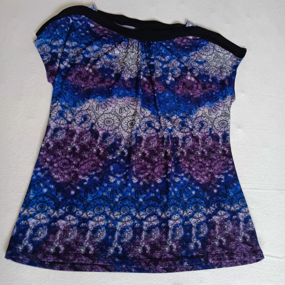 East 5th Sz S Blue Purple Boho Pleated Neck Blouse